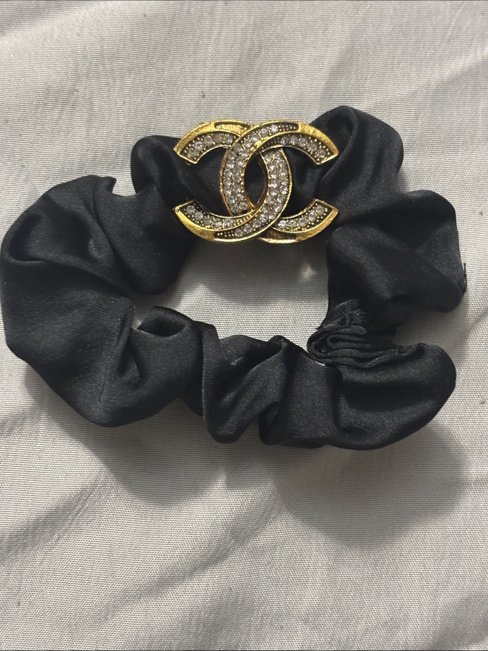 Chanel Black Satin Scrunchie with Gold Crystal Logo Accent